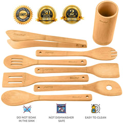 Bamboo Kitchen Utensils Set 8 - Pack - Wooden Cooking Utensils for Nonstick Cookware - Wooden Cooking Spoons, Spatulas, Turner, Tongs, Utensil Holder - Visionary Express