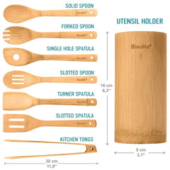 Bamboo Kitchen Utensils Set 8 - Pack - Wooden Cooking Utensils for Nonstick Cookware - Wooden Cooking Spoons, Spatulas, Turner, Tongs, Utensil Holder - Visionary Express