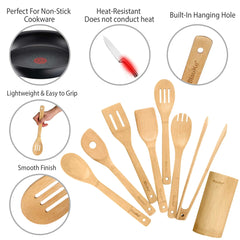 Bamboo Kitchen Utensils Set 8 - Pack - Wooden Cooking Utensils for Nonstick Cookware - Wooden Cooking Spoons, Spatulas, Turner, Tongs, Utensil Holder - Visionary Express