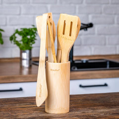 Bamboo Kitchen Utensils Set 8 - Pack - Wooden Cooking Utensils for Nonstick Cookware - Wooden Cooking Spoons, Spatulas, Turner, Tongs, Utensil Holder - Visionary Express