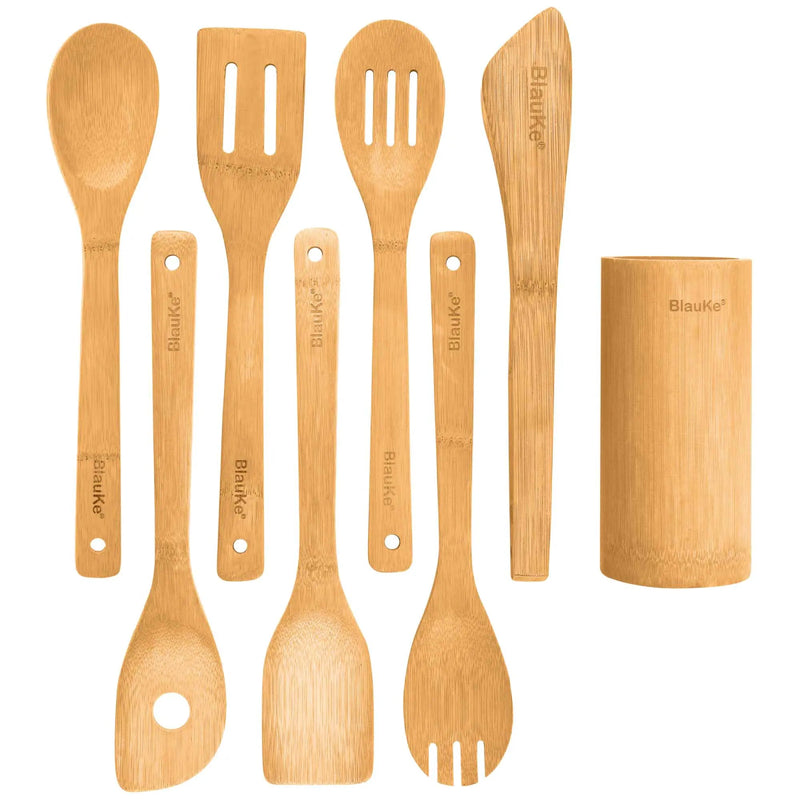 Bamboo Kitchen Utensils Set 8 - Pack - Wooden Cooking Utensils for Nonstick Cookware - Wooden Cooking Spoons, Spatulas, Turner, Tongs, Utensil Holder - Visionary Express